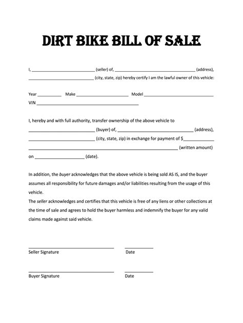 Printable Dirt Bike Bill Of Sale Template